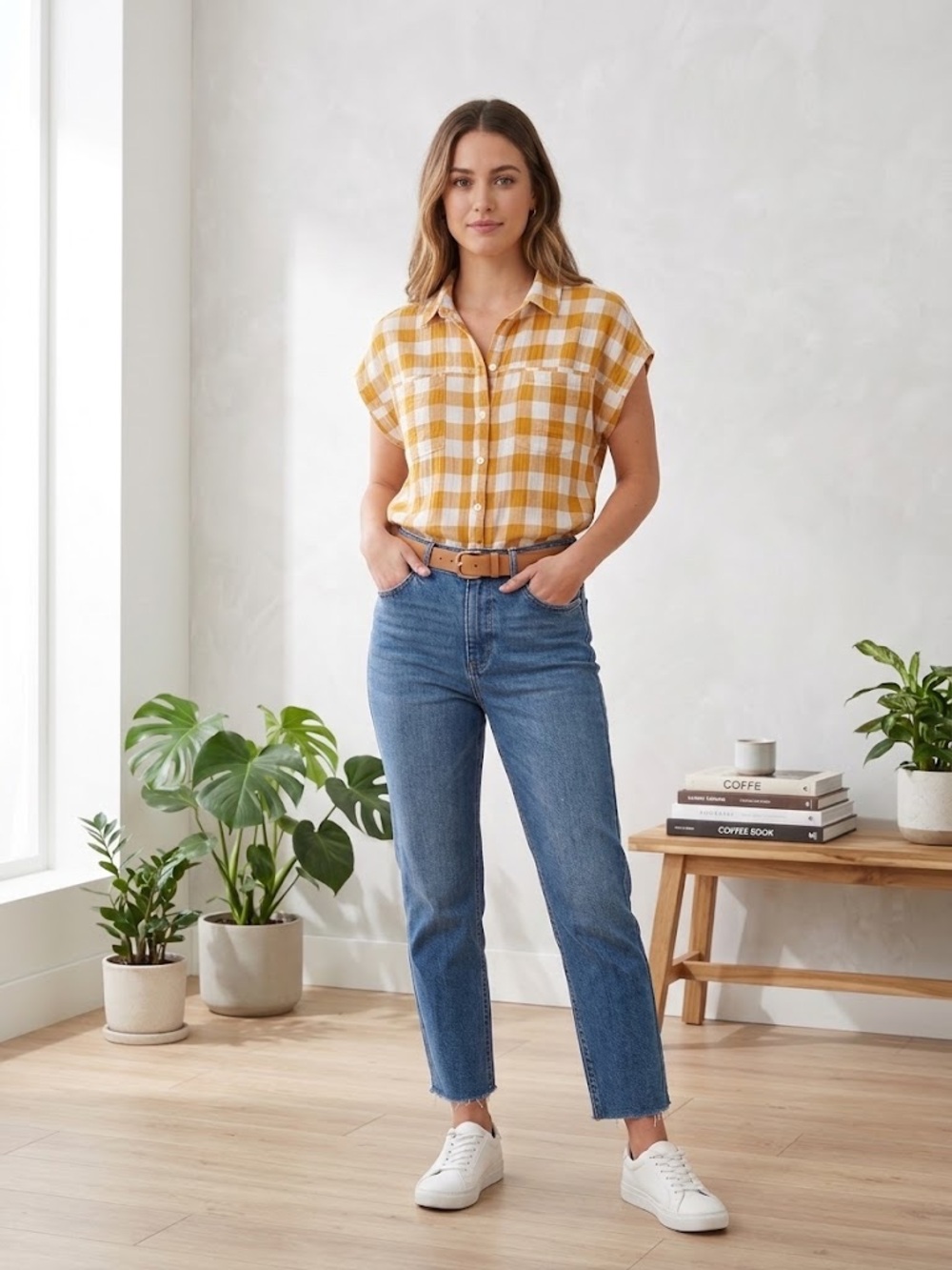 Lucky Brand Mustard Yellow White Gingham Plaid Short Sleeve Button Down Top M